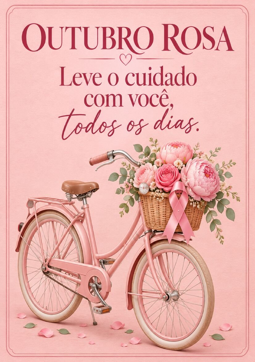 Imagem Outubro Rosa com bicicleta vintage rosa e cesta cheia de flores, acompanhada de mensagem sobre cuidado diário